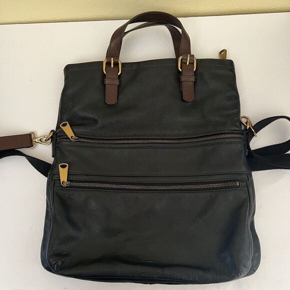 Fossil Explorer XL Black Leather Fold Over Crossbody Hobo Tote Shoulder Bag - Picture 4 of 16